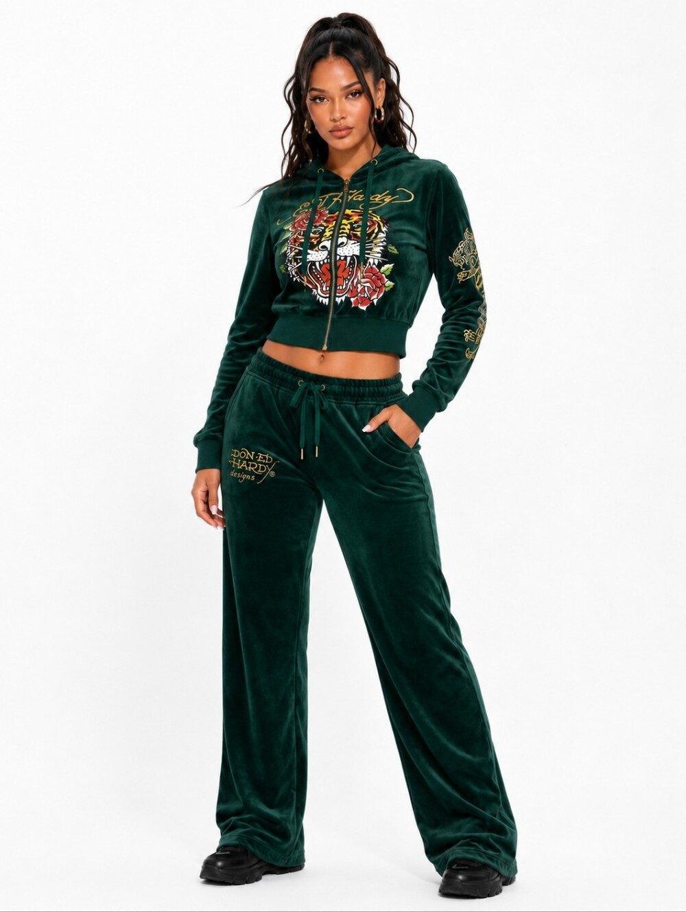 2PC SET ED HARDY Velour Tracksuit Green Tiger WIDE LEG Hoodie Joggers LARGE NWT - Picture 8 of 8